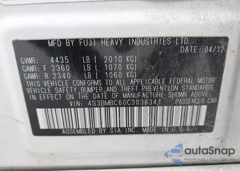 2012 Subaru Legacy 2.5I Premium from USA, damaged, VIN 4S3BMBC60C3038341